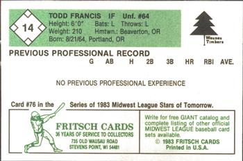 1983 Fritsch Wausau Timbers #14 Todd Francis Back