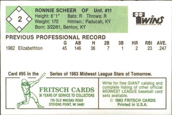 1983 Fritsch Wisconsin Rapids Twins #2 Ronnie Scheer Back
