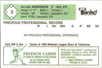 1983 Fritsch Wisconsin Rapids Twins #3 Allan Anderson Back