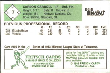 1983 Fritsch Wisconsin Rapids Twins #7 Carson Carroll Back