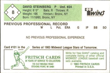 1983 Fritsch Wisconsin Rapids Twins #8 David Steinberg Back