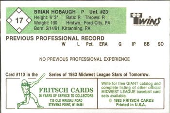 1983 Fritsch Wisconsin Rapids Twins #17 Brian Hobaugh Back