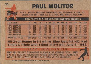 1983 Topps Gardner's Bakery Milwaukee Brewers #11 Paul Molitor Back