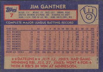 1984 Topps Gardner's Bakery Milwaukee Brewers #7 Jim Gantner Back