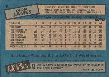 1985 Topps Gardner's Bakery Milwaukee Brewers #9 Dion James Back
