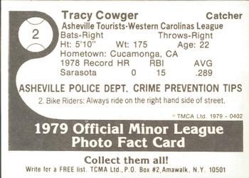 1979 TCMA Asheville Tourists #2 Tracy Cowger Back