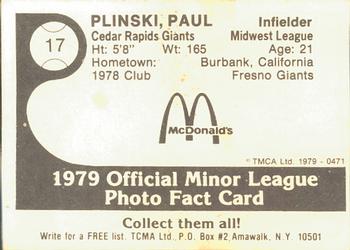 1979 TCMA Cedar Rapids Giants #17 Paul Plinski Back