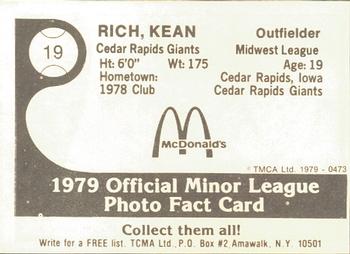 1979 TCMA Cedar Rapids Giants #19 Kean Rich  Back