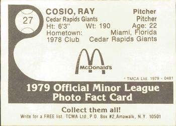 1979 TCMA Cedar Rapids Giants #27 Ray Cosio Back