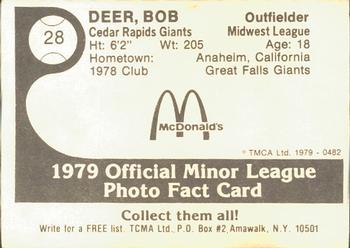 1979 TCMA Cedar Rapids Giants #28 Rob Deer Back