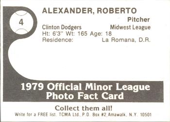 1979 TCMA Clinton Dodgers #4 Roberto Alexander Back