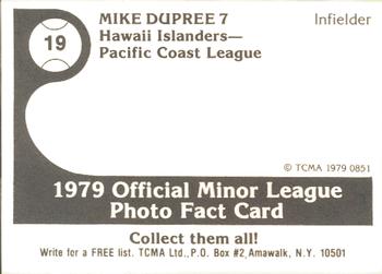 1979 TCMA Hawaii Islanders #19 Mike Dupree Back
