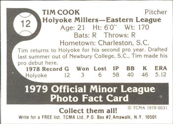 1979 TCMA Holyoke Millers #12 Tim Cook Back