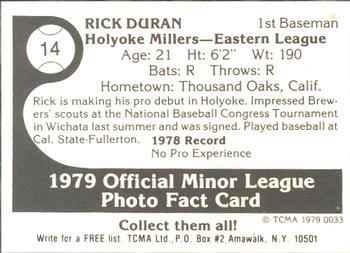 1979 TCMA Holyoke Millers #14 Rick Duran Back