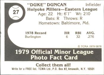 1979 TCMA Holyoke Millers #27 Duke Duncan Back
