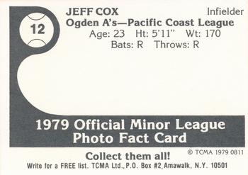 1979 TCMA Ogden A's #12 Jeff Cox Back
