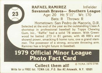 1979 TCMA Savannah Braves #23 Rafael Ramirez Back