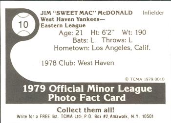 1979 TCMA West Haven Yankees #10 Jim McDonald Back