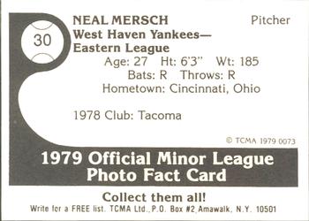 1979 TCMA West Haven Yankees #30 Neal Mersch Back