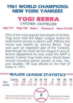 1982 Galasso 1961 World Champions New York Yankees #2 Yogi Berra Back