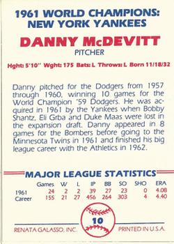 1982 Galasso 1961 World Champions New York Yankees #10 Danny McDevitt Back