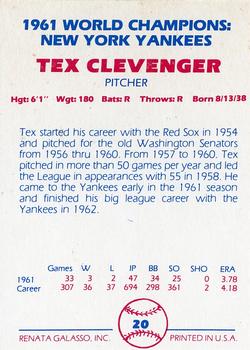 1982 Galasso 1961 World Champions New York Yankees #20 Tex Clevenger Back