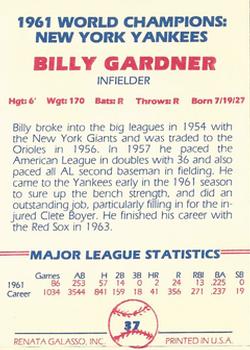 1982 Galasso 1961 World Champions New York Yankees #37 Billy Gardner Back
