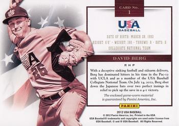2012 Panini USA Baseball - Collegiate National Team Jerseys #1 David Berg Back