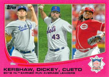 2013 Topps - Pink #81 2012 NL Earned Run Average Leaders (Clayton Kershaw / R.A. Dickey / Johnny Cueto) Front