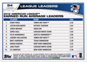 2013 Topps - Blue #94 2012 AL Earned Run Average Leaders (David Price / Justin Verlander / Jered Weaver) Back
