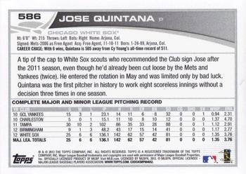 2013 Topps - Blue #586 Jose Quintana Back