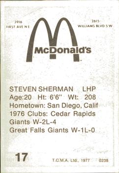 1977 TCMA Cedar Rapids Giants #0238 Steve Sherman Back