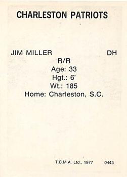 1977 TCMA Charleston Patriots #0443 Jim Miller Back