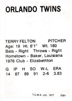 1977 TCMA Orlando Twins #0391 Terry Felton Back