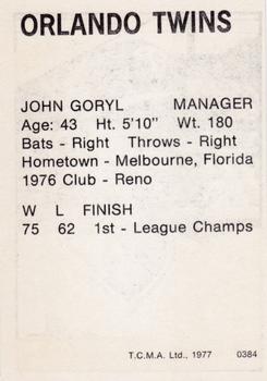 1977 TCMA Orlando Twins #0384 John Goryl Back