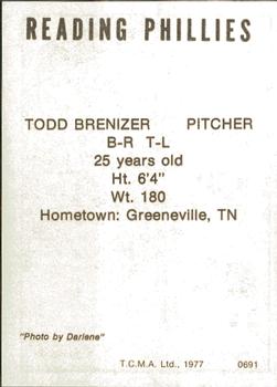 1977 TCMA Reading Phillies #0691 Todd Brenizer Back