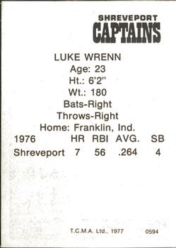 1977 TCMA Shreveport Captains #0594 Luke Wrenn Back