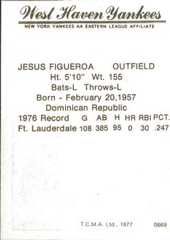 1977 TCMA West Haven Yankees #0669 Jesus Figueroa Back