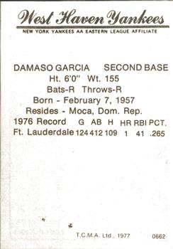 1977 TCMA West Haven Yankees #0662 Damaso Garcia Back