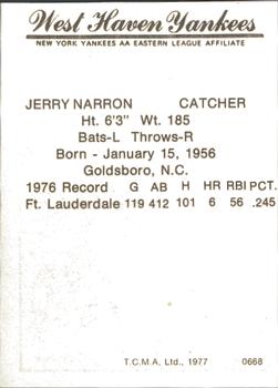 1977 TCMA West Haven Yankees #0668 Jerry Narron Back