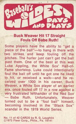 1974 Fleer Official Major League Patches - Baseball's Wildest Days and Plays #11 17 Straight Fouls - Buck Weaver Back