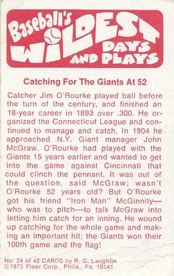 1974 Fleer Official Major League Patches - Baseball's Wildest Days and Plays #24 Catching at 52 - Jim O'Rourke Back
