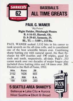 1976 Shakey's Pizza #62 Paul Waner Back