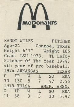 1976 TCMA Arkansas Travelers #NNO Randy Wiles Back
