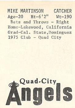 1976 TCMA Quad City Angels #NNO Mike Martinson Back