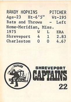 1976 TCMA Shreveport Captains #22 Randy Hopkins Back