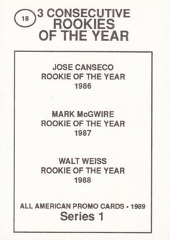 1989 All American Promo Series 1 (unlicensed) #18 Jose Canseco / Mark McGwire / Walt Weiss Back