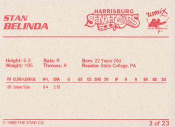 1989 Star Harrisburg Senators - Platinum #3 Stan Belinda Back