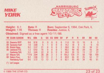 1989 Star Harrisburg Senators - Platinum #23 Mike York Back