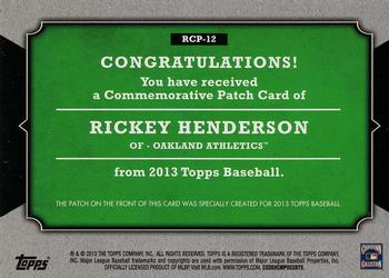 2013 Topps - Manufactured Rookie Card Patch #RCP-12 Rickey Henderson Back